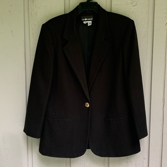 Sag Harbor Black Pure Wool Blazer Size 14 One Button Lined Y2K Vintage Shoulder - Picture 8 of 8